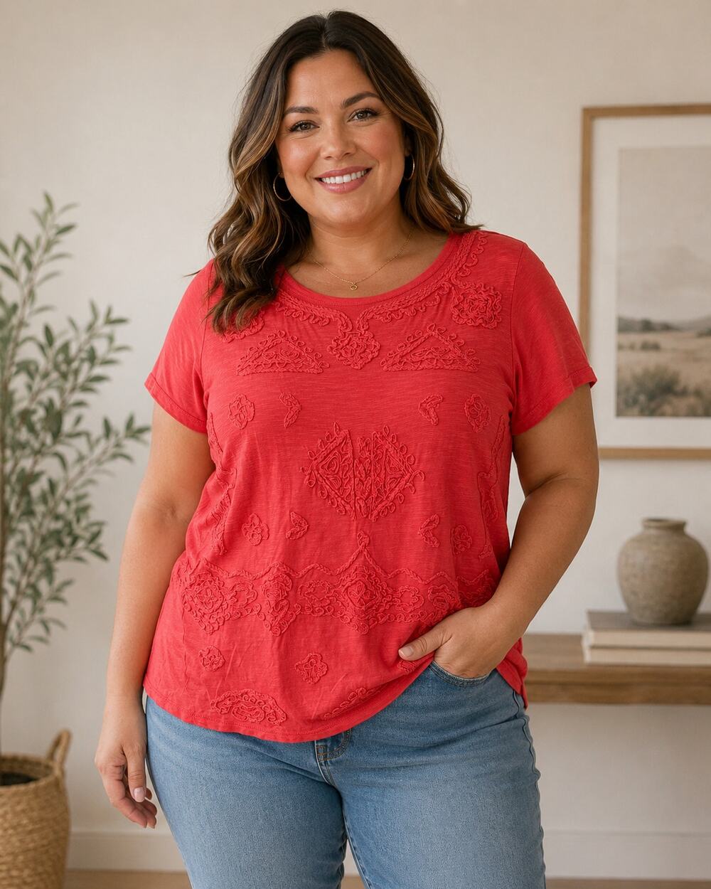 Lucky Brand coral pink ? orange tonal embroidery relaxed fit T Shirt Size 2X